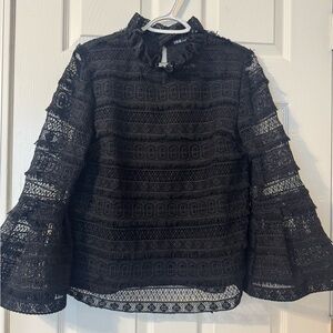 Ina Black Lace Ruffle High-Neck Bell Sleeve Blouse